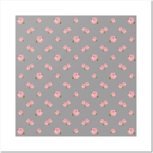 Pink Rose Illustrative Pattern on Gray Posters and Art